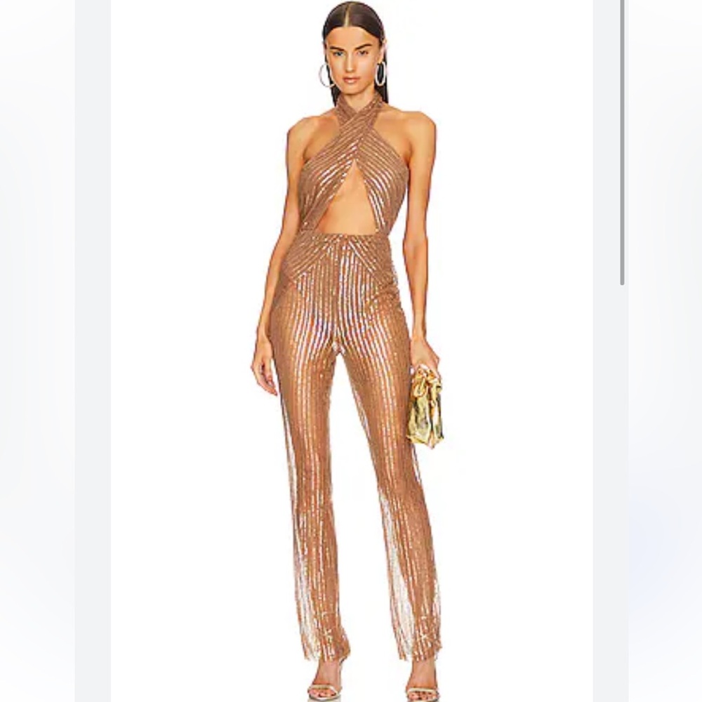 NWT Michael Costello x Revolve Yasmin Rose Gold Sequin Halter Cutout Jumpsuit